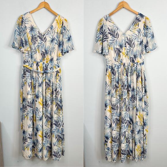 Gal Meets Glam Kiki Leaf Print Chiffon Flutter Sleeve Maxi Dress - Picture 3 of 8